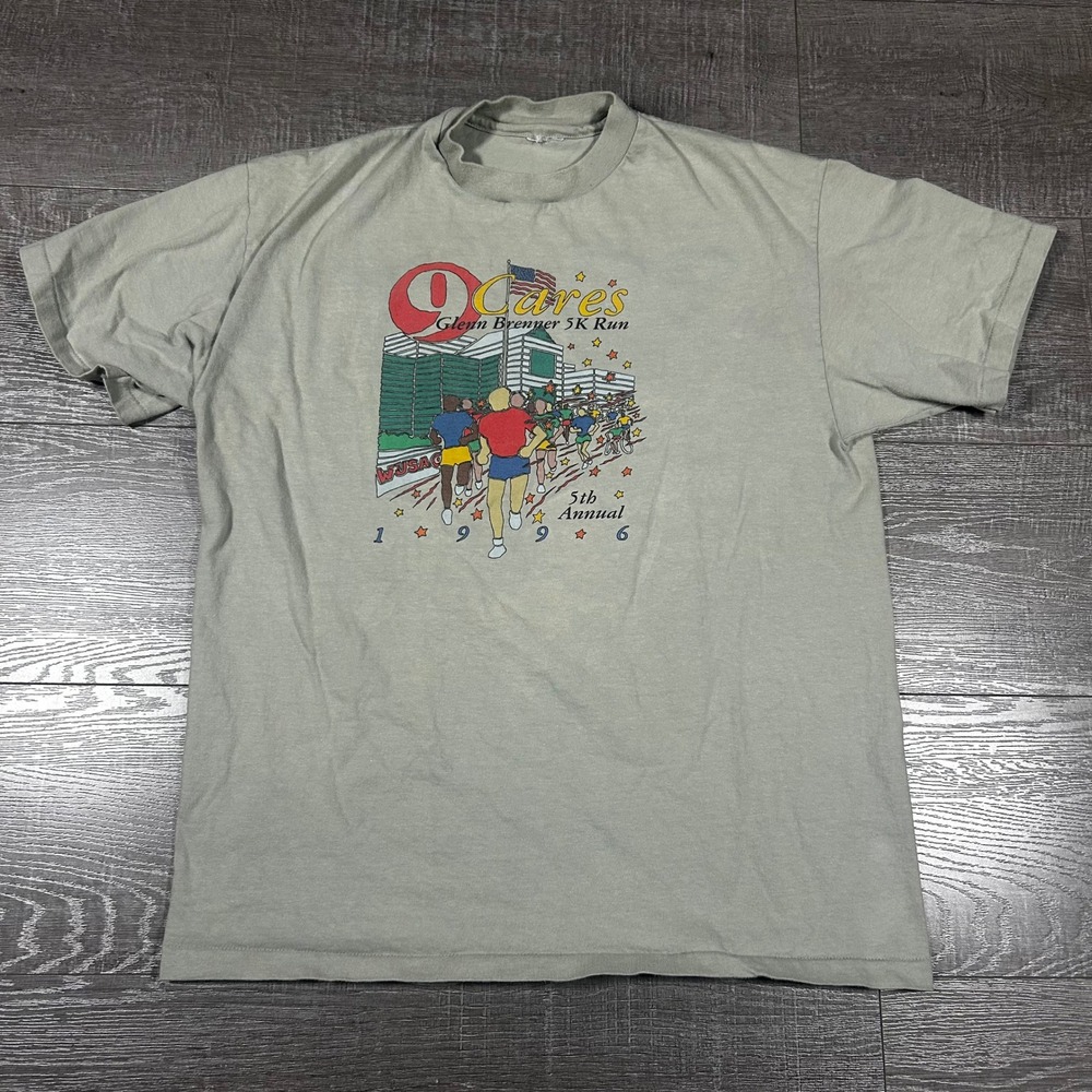 VTG 1996 9Cares Glenn Brenner 5K Run VolunteerShirt Sage Green Single Stitch
